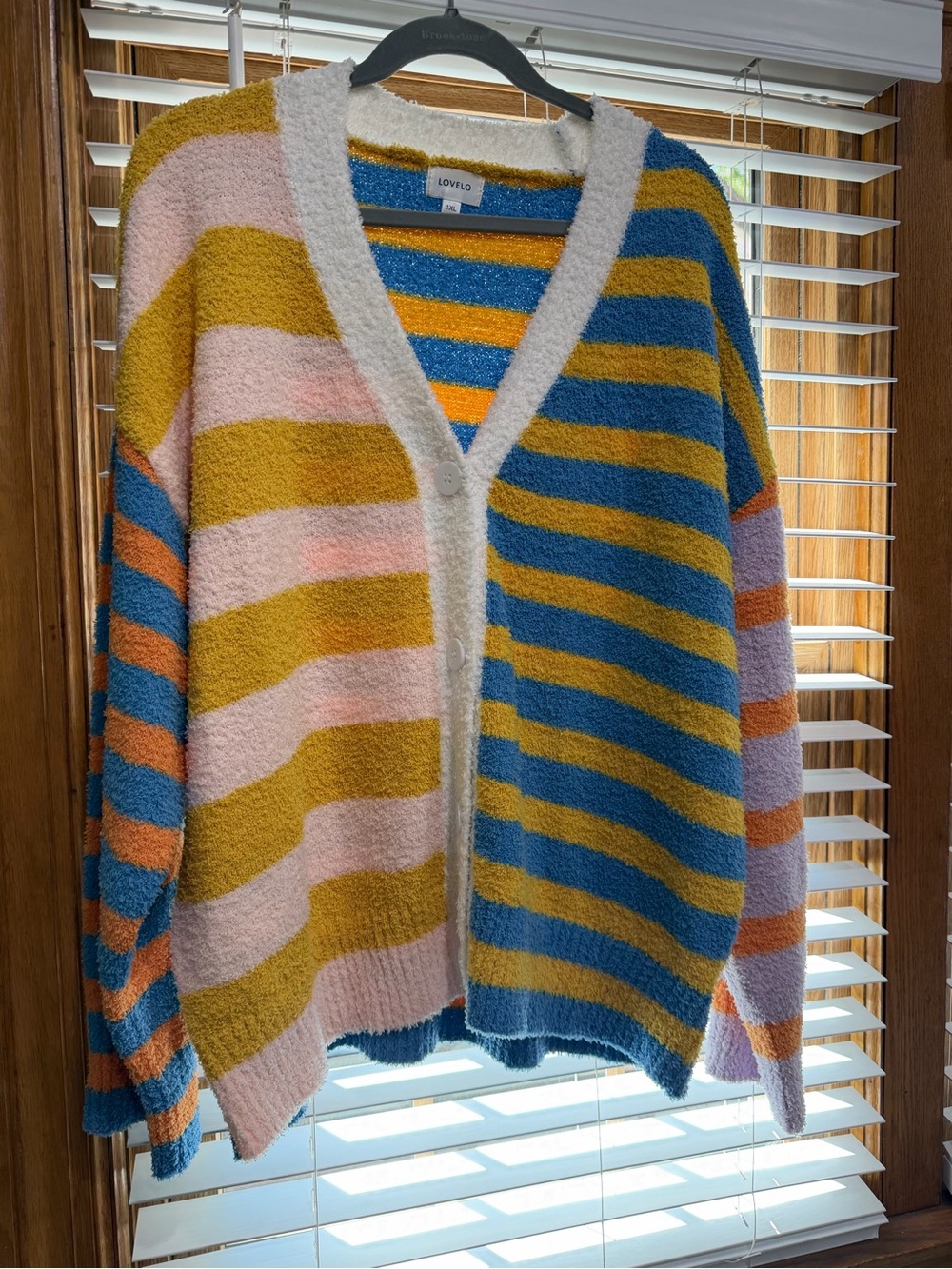 Lovelo Multicolor Striped Cozy V-Neck Cardigan in Pink, Mustard & Blue